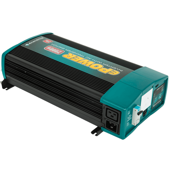 Angled view of 2000W inverter highlighting AC transfer switch inputs and robust casing