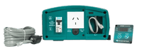 Front connection panel of inverter with RCD switch, AC socket, USB port, and included remote control panel
