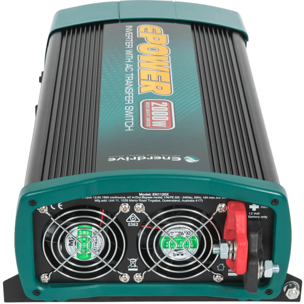 Rear view of inverter showing heavy-duty DC terminals and dual cooling fans