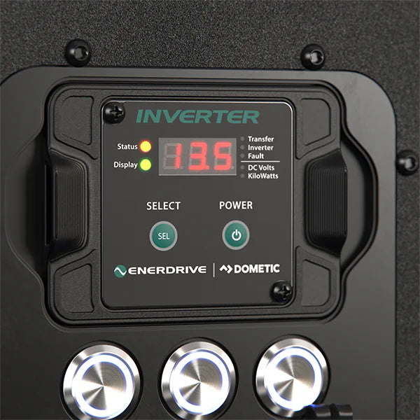 Detail of the 2000W inverter remote display and three illuminated accessory pushbutton switches