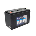 Angled view of Invicta 12V 100Ah hybrid lithium battery showing terminals and carry handle