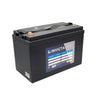 Angled view of Invicta 12V 100Ah hybrid lithium battery showing terminals and carry handle
