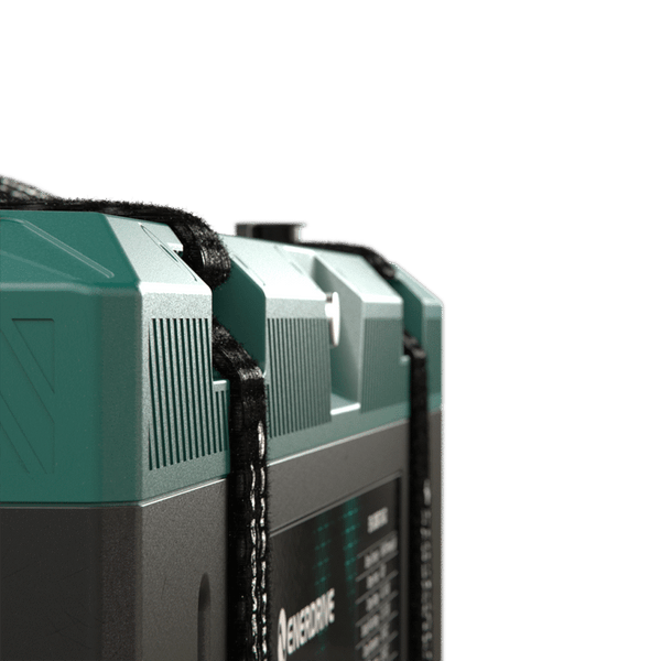 Side angle of textured green IP67 waterproof battery housing and strap