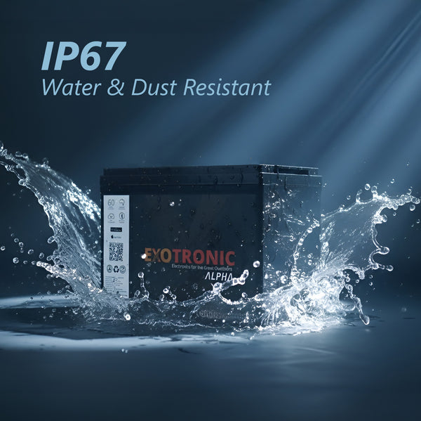 Exotronic Alpha battery splashed with water demonstrating IP67 water and dust resistance