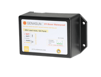 Angled view of the potted waterproof housing of the Genasun voltage boosting controller
