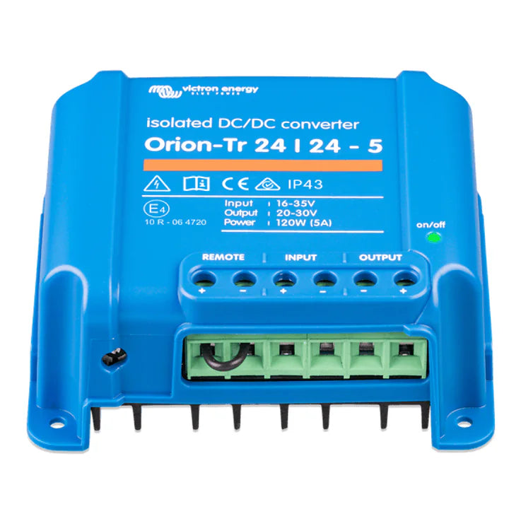 Angled view of 24V isolated DC-DC converter showing input and output screw terminal layout
