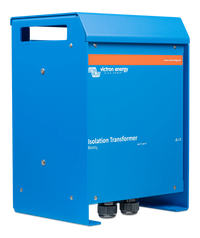 Angled perspective view of the 8000W isolation transformer showing side mounting holes and blue casing