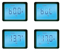Four examples of the LCD display showing voltage and amperage readings