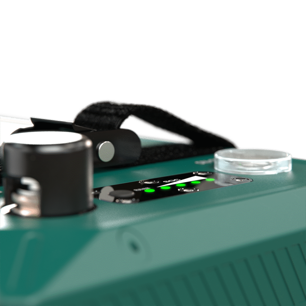 Close-up of the LED state of charge indicator and on-off button