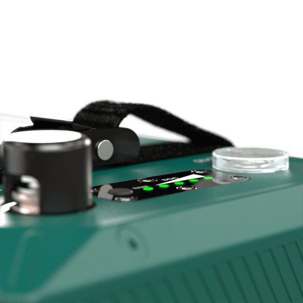 Close-up of the LED state of charge indicator and on-off button