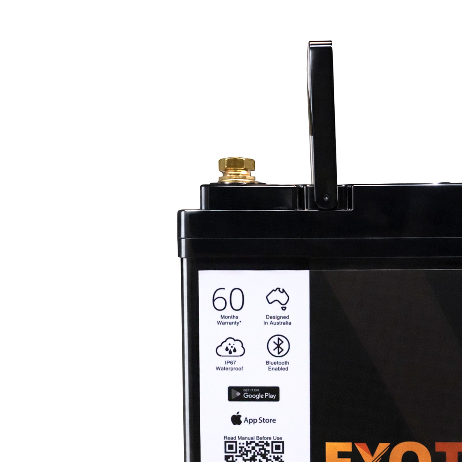 Close-up of lithium battery feature panel and raised carrying handle