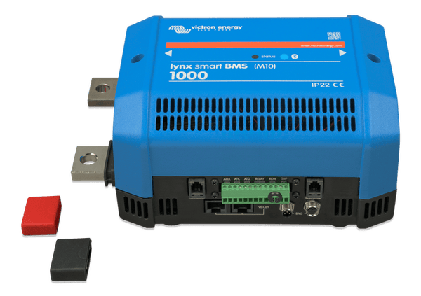 Victron Lynx Smart BMS 1000 with protective terminal covers removed showing M10 busbars