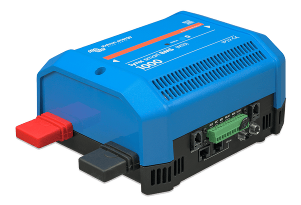 Left side view of Lynx Smart BMS with red and black terminal covers installed