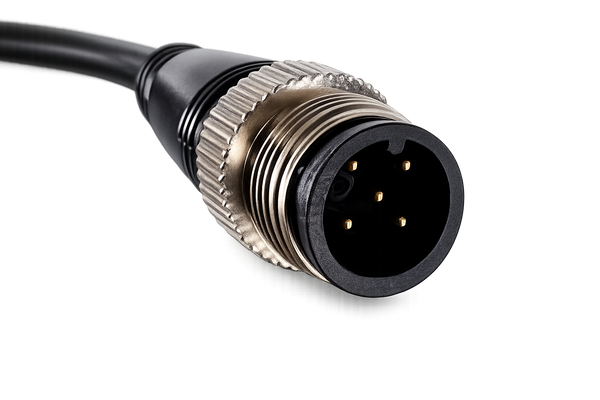 Close-up of 5-pin M12 NMEA2000 connector with gold-plated pins and metal locking nut