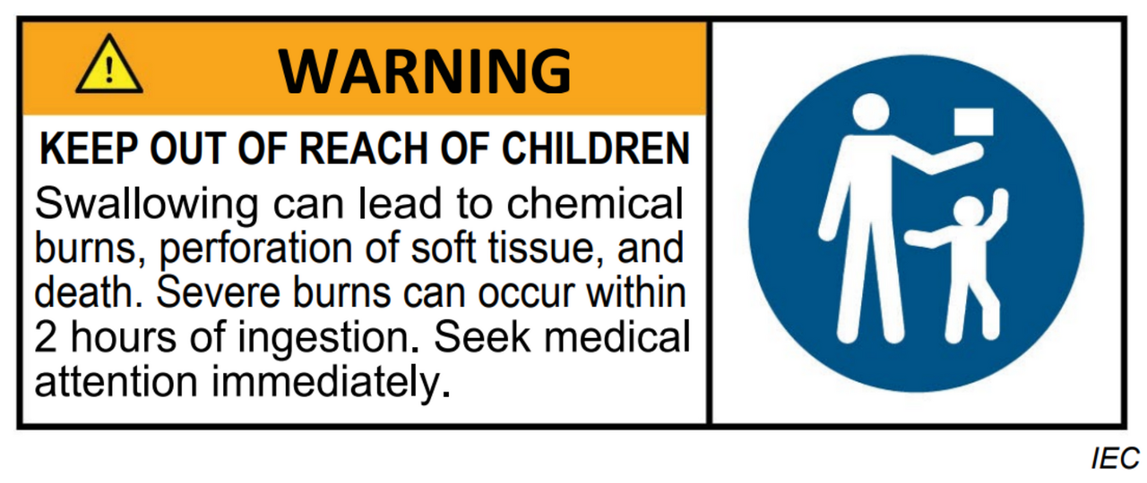 Keep out of reach of children warning label due to internal button battery