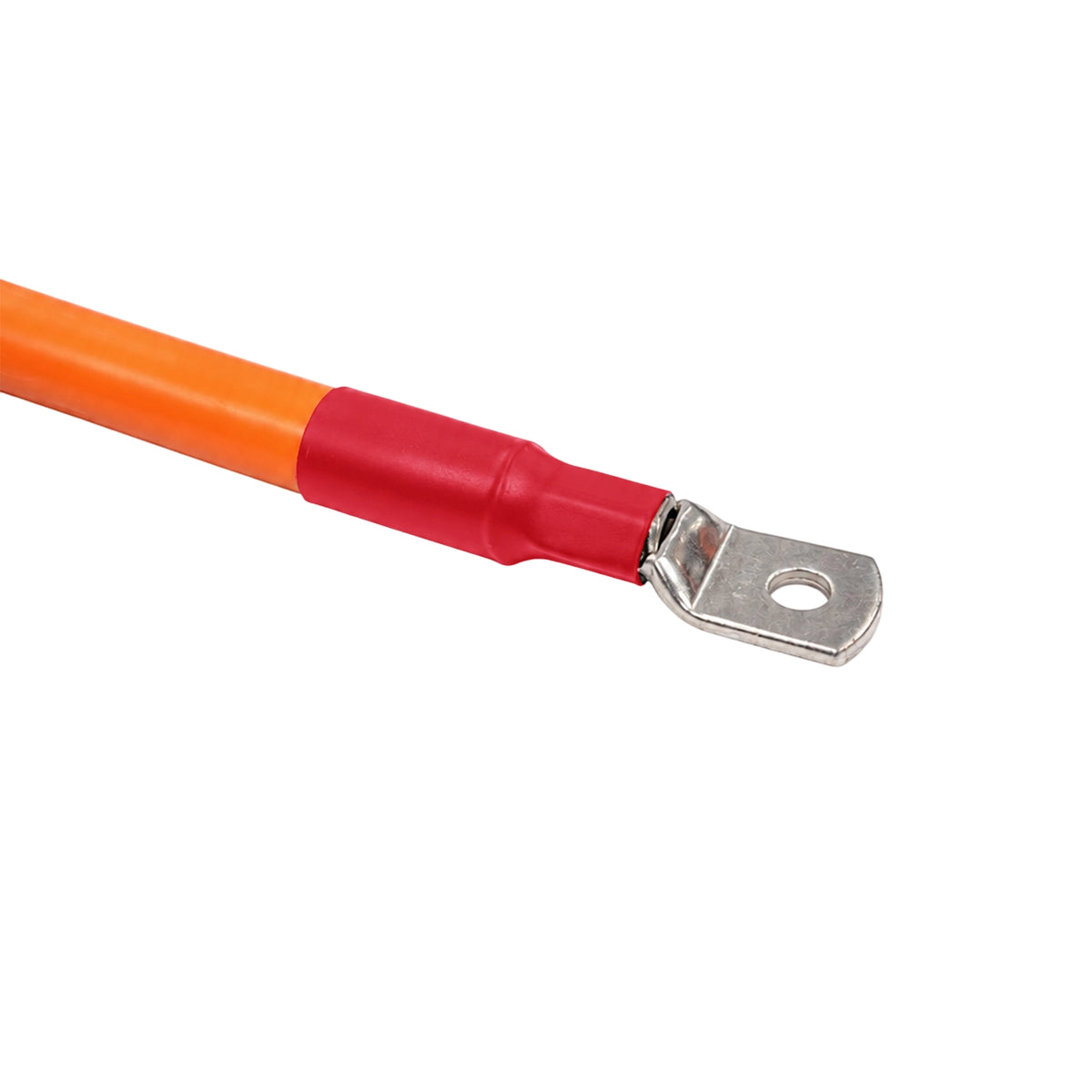 Close-up of M8 tinned copper lug and red heat shrink on orange SDI cable
