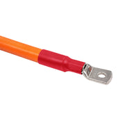 Close-up of M8 tinned copper lug with red heat shrink on orange 50mm² battery cable