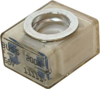 Transparent MRBF fuse with silver ring terminal and blue text reading BUSS 200A 58V