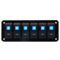 Front view of 6-gang marine rocker switch panel with blue LED indicators on black aluminium plate