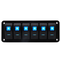 Front view of 6-gang marine rocker switch panel with blue LED indicators on black aluminium plate
