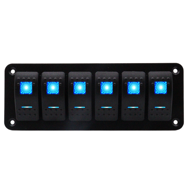 Front view of 6-gang marine rocker switch panel with blue LED indicators on black aluminium plate