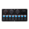 Front view of 8-gang marine switch panel with blue LED rockers, voltmeter, dual USB, and power sockets
