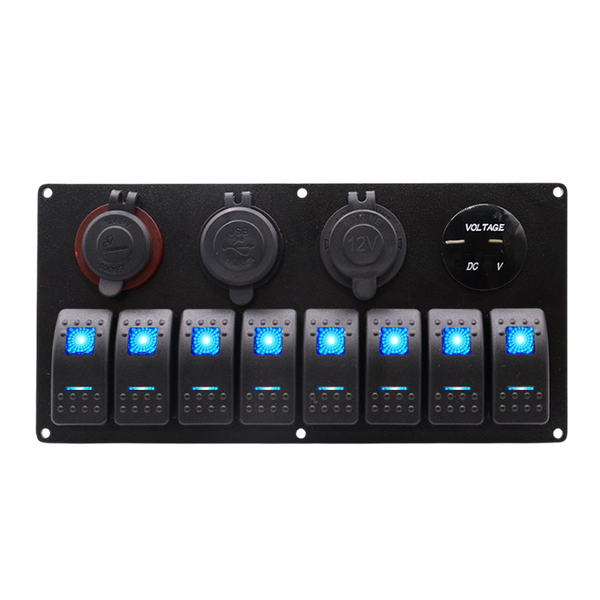 Front view of 8-gang marine switch panel with blue LED rockers, voltmeter, dual USB, and power sockets