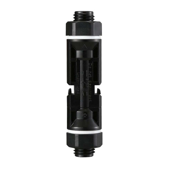 Mated pair of black bulkhead solar connectors locked together