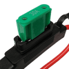 Green 30A maxi blade fuse inserted into black inline fuse holder