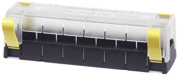 Clear polycarbonate insulating cover for Blue Sea MaxiBus busbars featuring yellow locking clips and wire access knockouts
