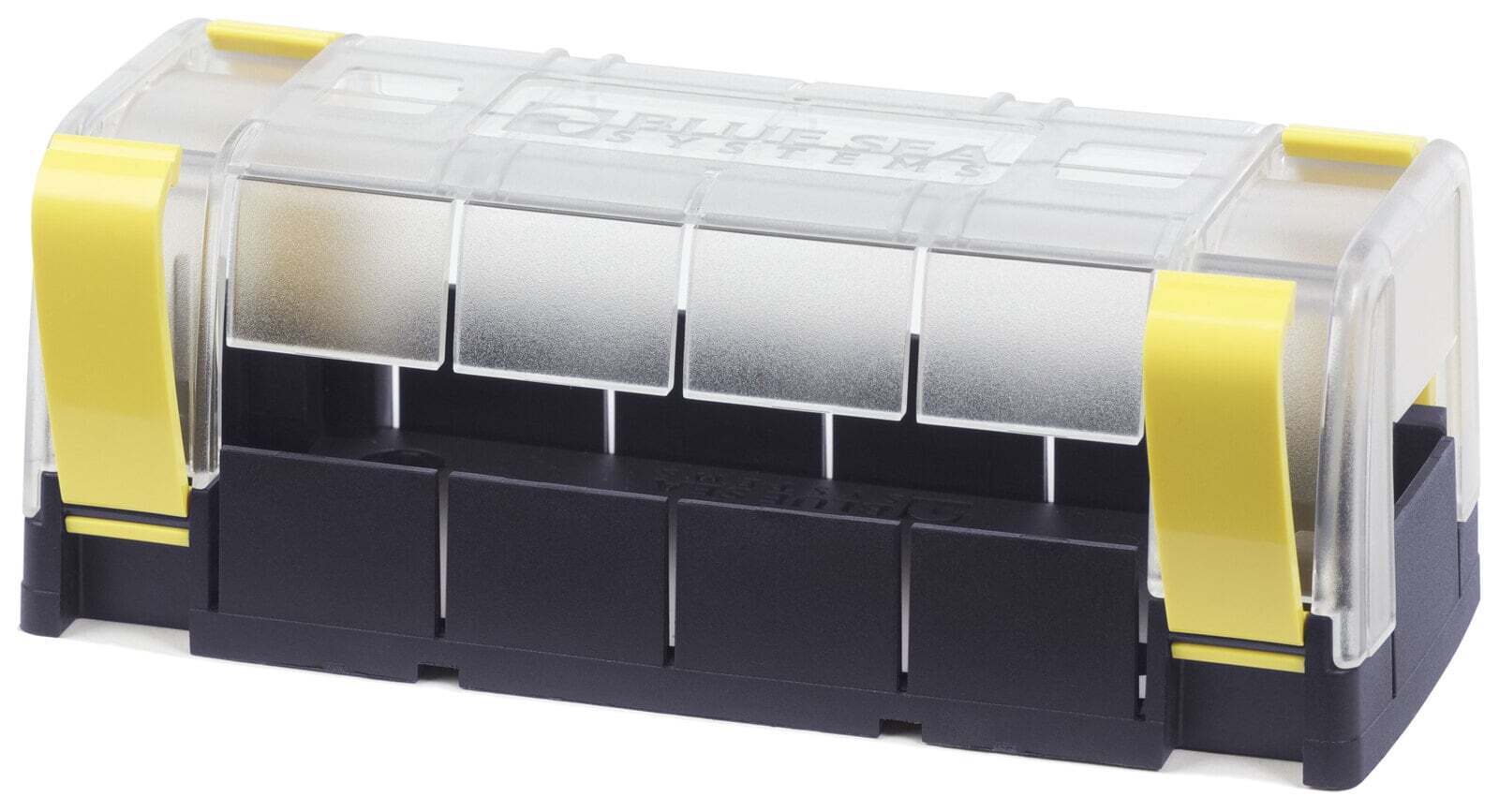 MaxiBus insulating cover featuring clear polycarbonate top and yellow clips on a black base