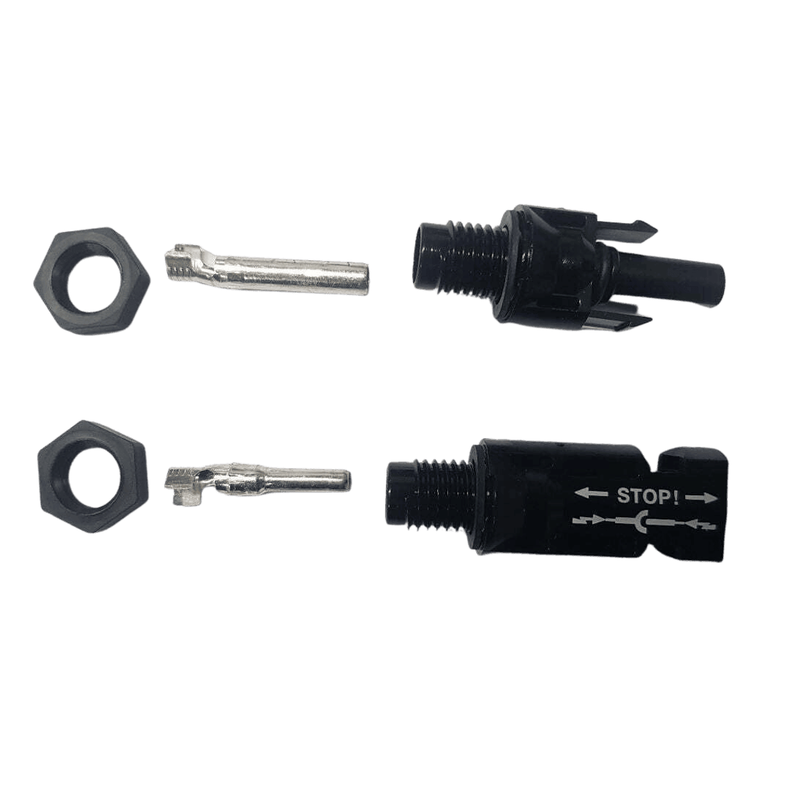 Disassembled MC4 panel mount kit components showing locking nuts, crimp terminals and connector housings