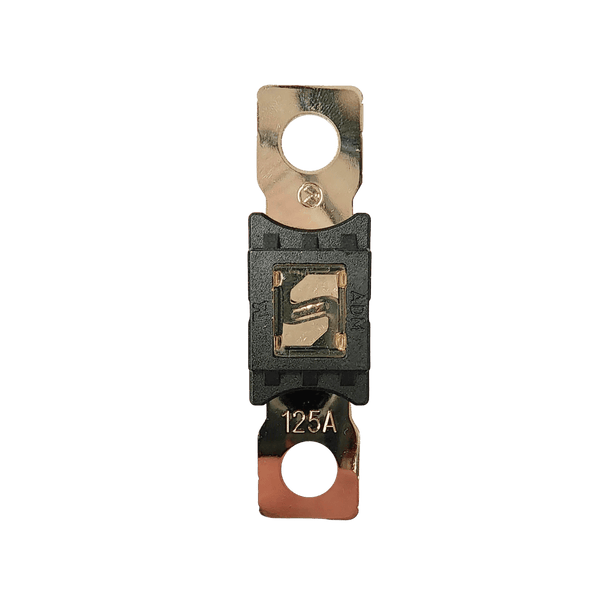 Top-down view of 125A Mega fuse with black housing and clear window