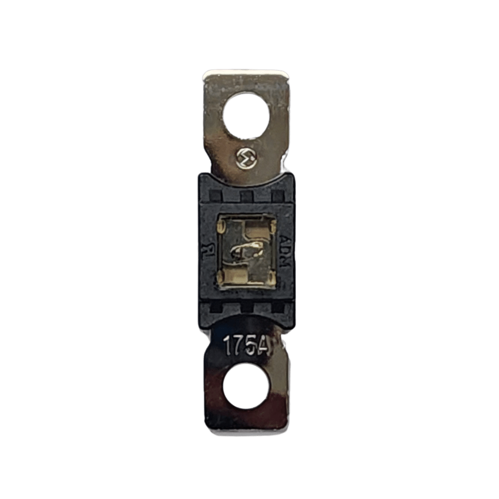 Top-down view of 175A Mega fuse with black housing and clear window