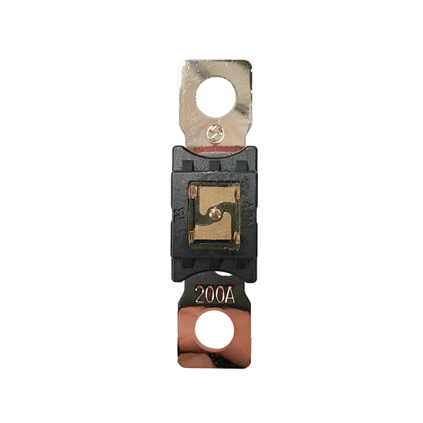 Top-down view of 200A Mega fuse with black housing and clear window