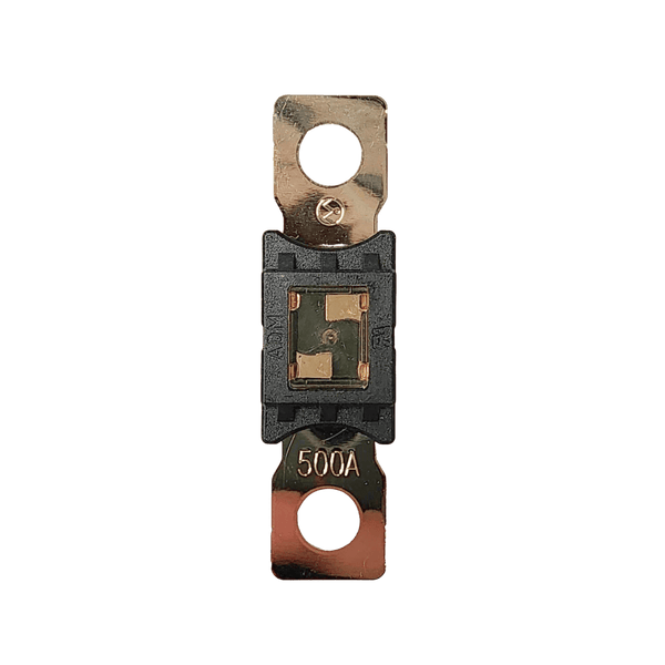 Top-down view of 500A Mega fuse with black housing and clear window