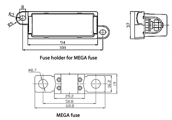 Technical dimension drawing for a MEGA fuse and fuse holder showing measurements in millimetres