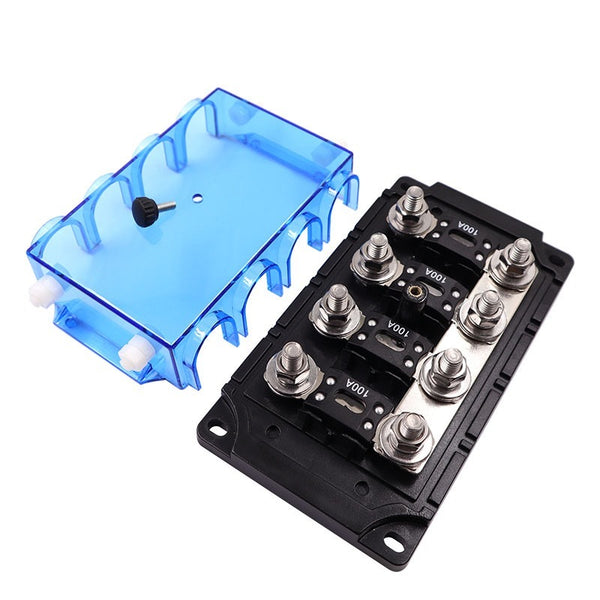 4-way mega fuse holder with cover removed showing M8 steel studs and fuse placement