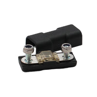 Inline MIDI fuse holder with transparent fuse fitted and black cover positioned behind