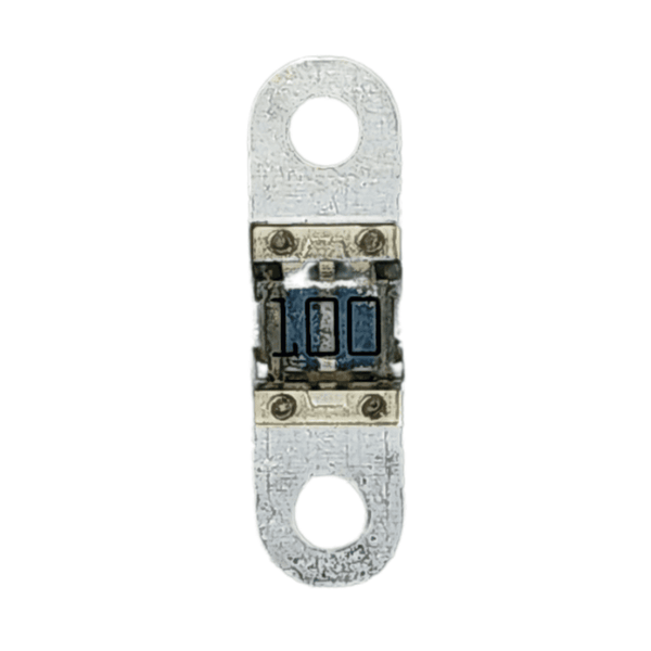 Rear view of a 100A MIDI fuse showing internal element detail and metal terminals