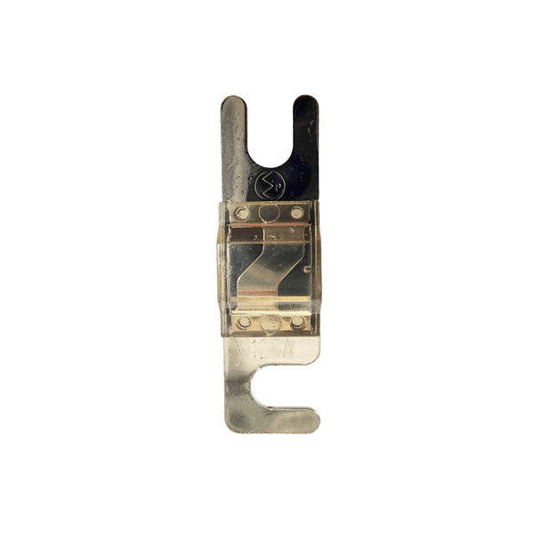 Top view of 125A Midi fuse featuring clear housing and tin-plated terminals
