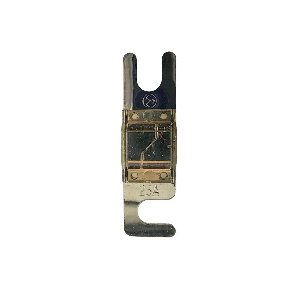 Top view of 23A Midi fuse featuring clear housing and tin-plated terminals