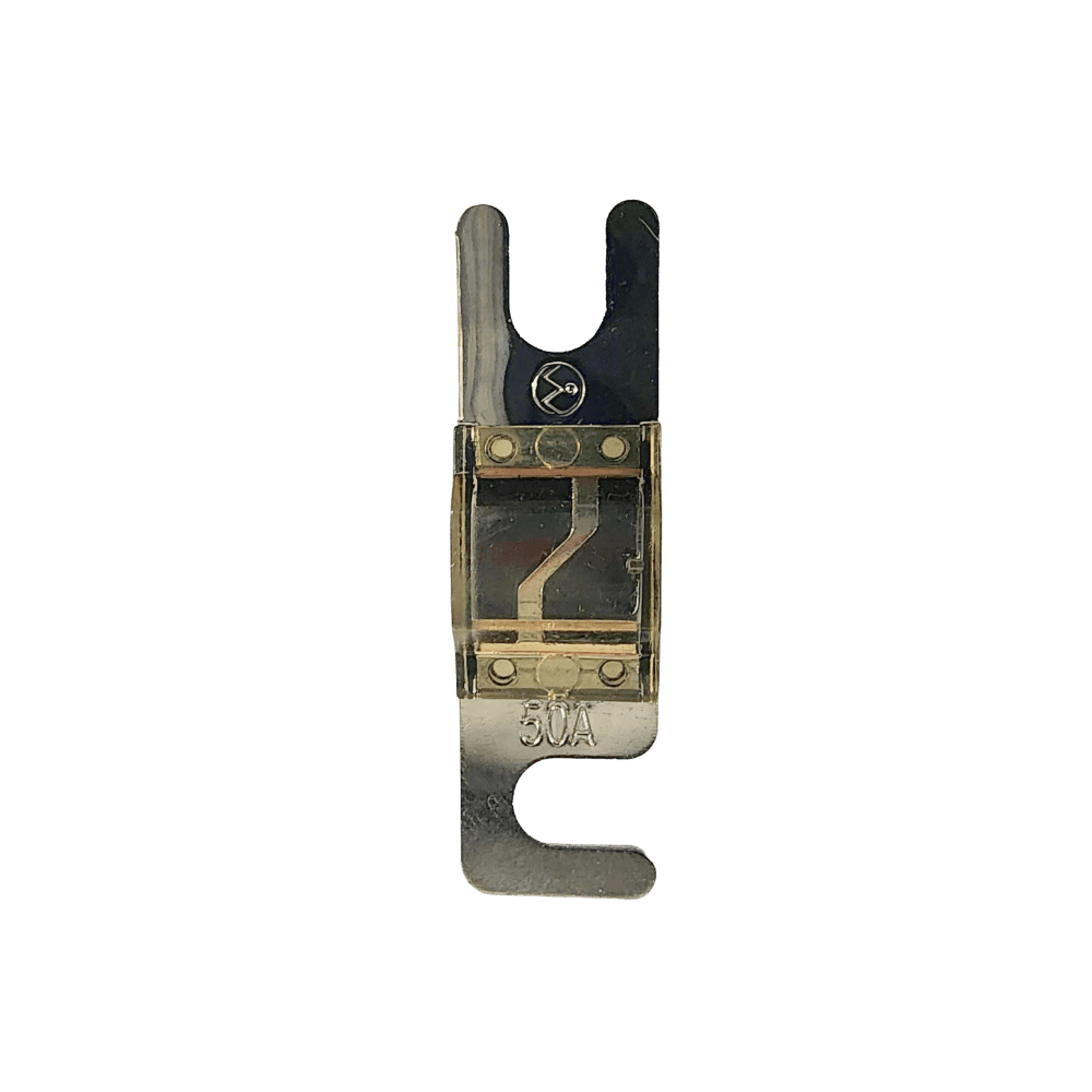 Top view of 50A Midi fuse featuring clear housing and tin-plated terminals