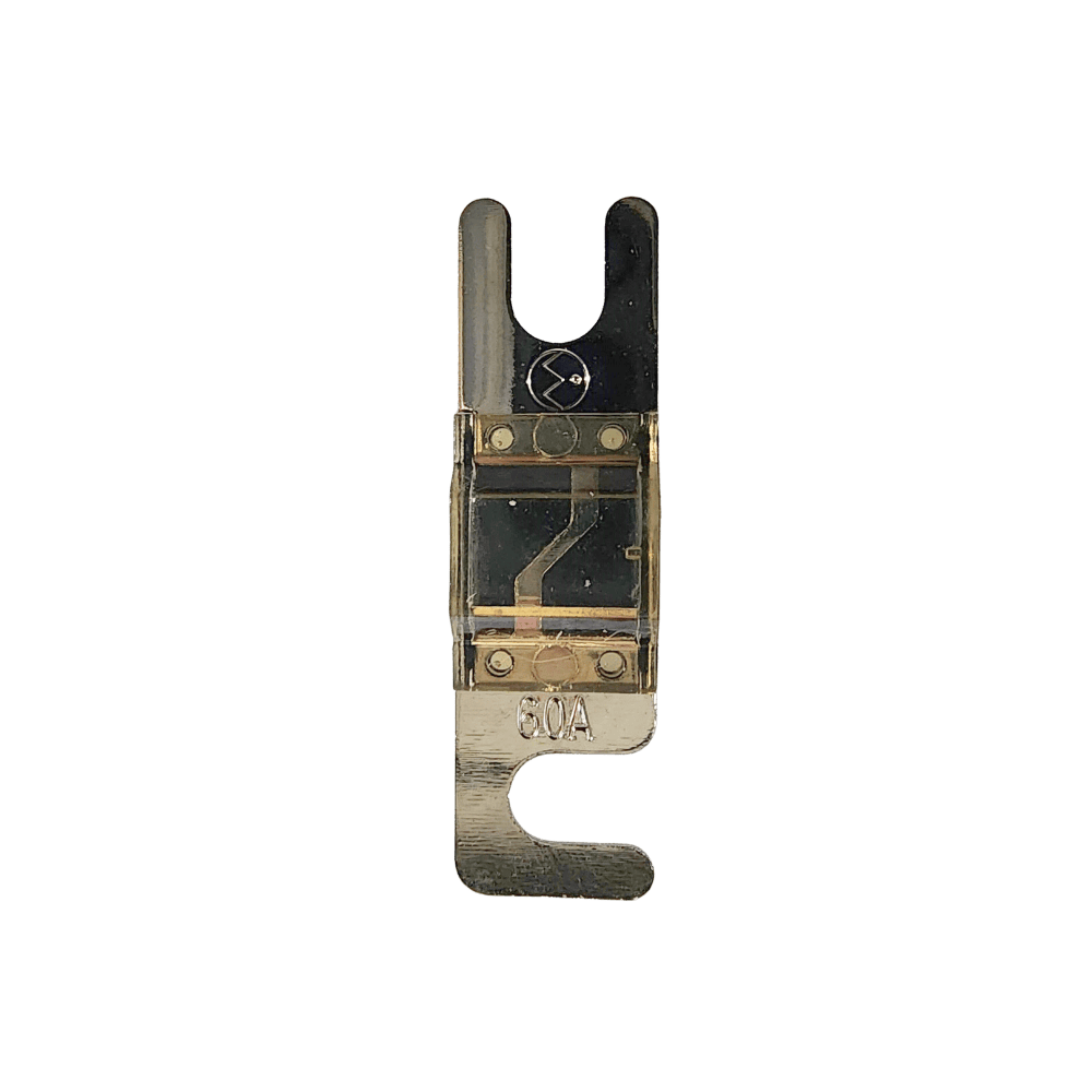 Top view of 60A Midi fuse featuring clear housing and tin-plated terminals