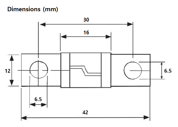 Dimensional drawing of Midi fuse showing 42mm length and 30mm hole spacing