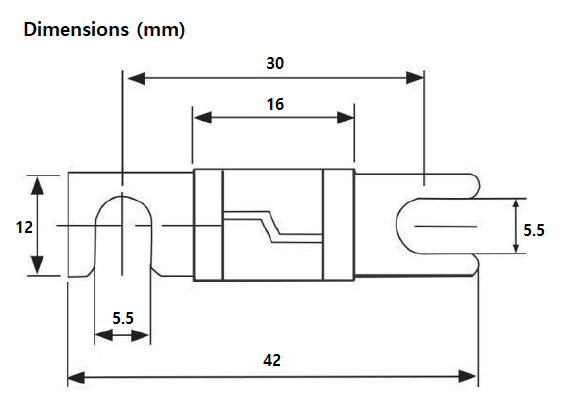Technical dimensional drawing of M6 Midi fuse showing 42mm length and 30mm hole spacing