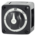 Angled view of black marine battery selector switch with grey knob and position labels OFF, 1, and 2