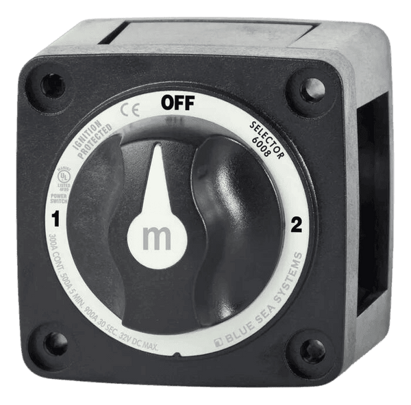 Angled view of black marine battery selector switch with grey knob and position labels OFF, 1, and 2