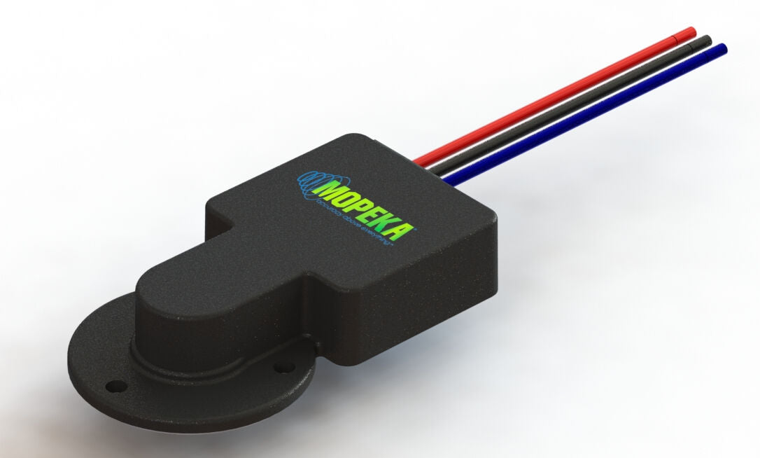 Black ultrasonic tank level sensor featuring a mounting flange and three colour-coded wires for hardwired installation