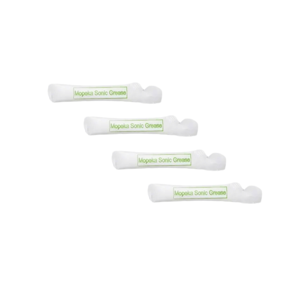 Four white packets of Mopeka Sonic Grease arranged in a staggered vertical column